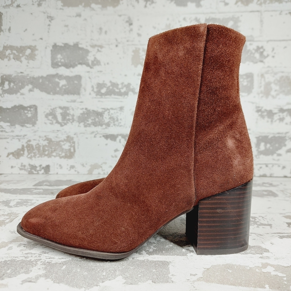 New Nordstrom Novanna Brown Suede Square Toe Block Heel Booties X207 - Picture 1 of 11